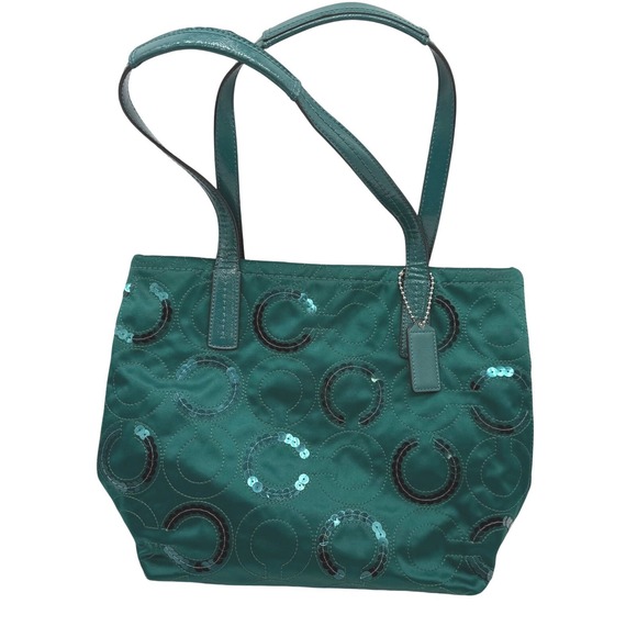 Coach Signature C Sequin green handbag purse shoulder bag F25470 - Picture 1 of 6